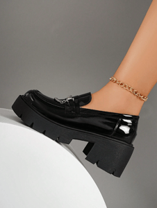 W-omen's Loafers, Round Toe, Thick Sole, Thick Heel, Glossy Surface, Suitable For Daily Commuting