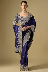 Purple Raw Silk Embroidered Saree Set