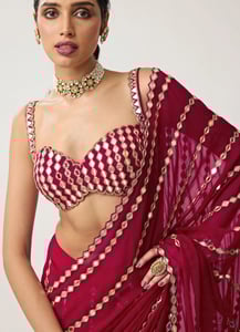 Ruby Red Georgette Mirror Embroidered Saree Set