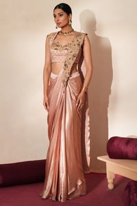 Metallic Soft Pink Chiffon Satin Embellished Pre-Draped Saree Set