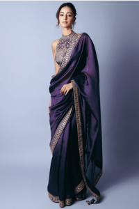 Baigani Silk Organza Embroidered Saree Set