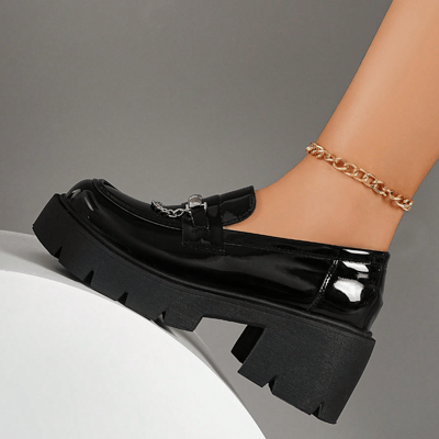 W-omen's Loafers, Round Toe, Thick Sole, Thick Heel, Glossy Surface, Suitable For Daily Commuting