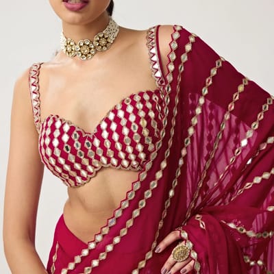 Ruby Red Georgette Mirror Embroidered Saree Set