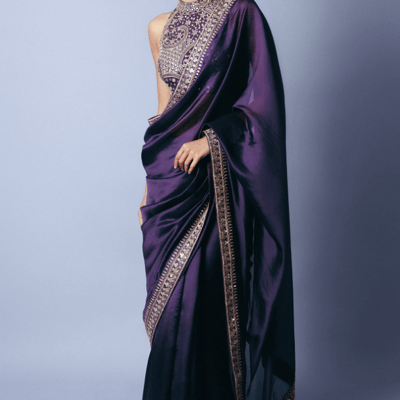 Baigani Silk Organza Embroidered Saree Set